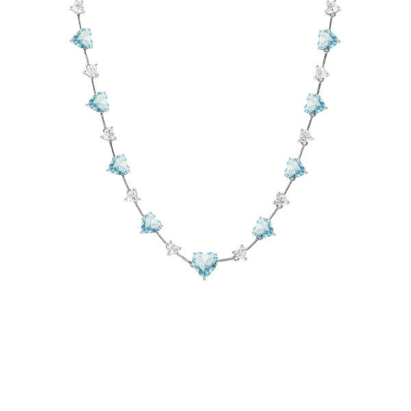 15349691839-511202003.jpg Colar Elos Portugueses Fio Faca Coração Central Intercalando Coração Maiores E Menores Ródio Branco Acqua Marine